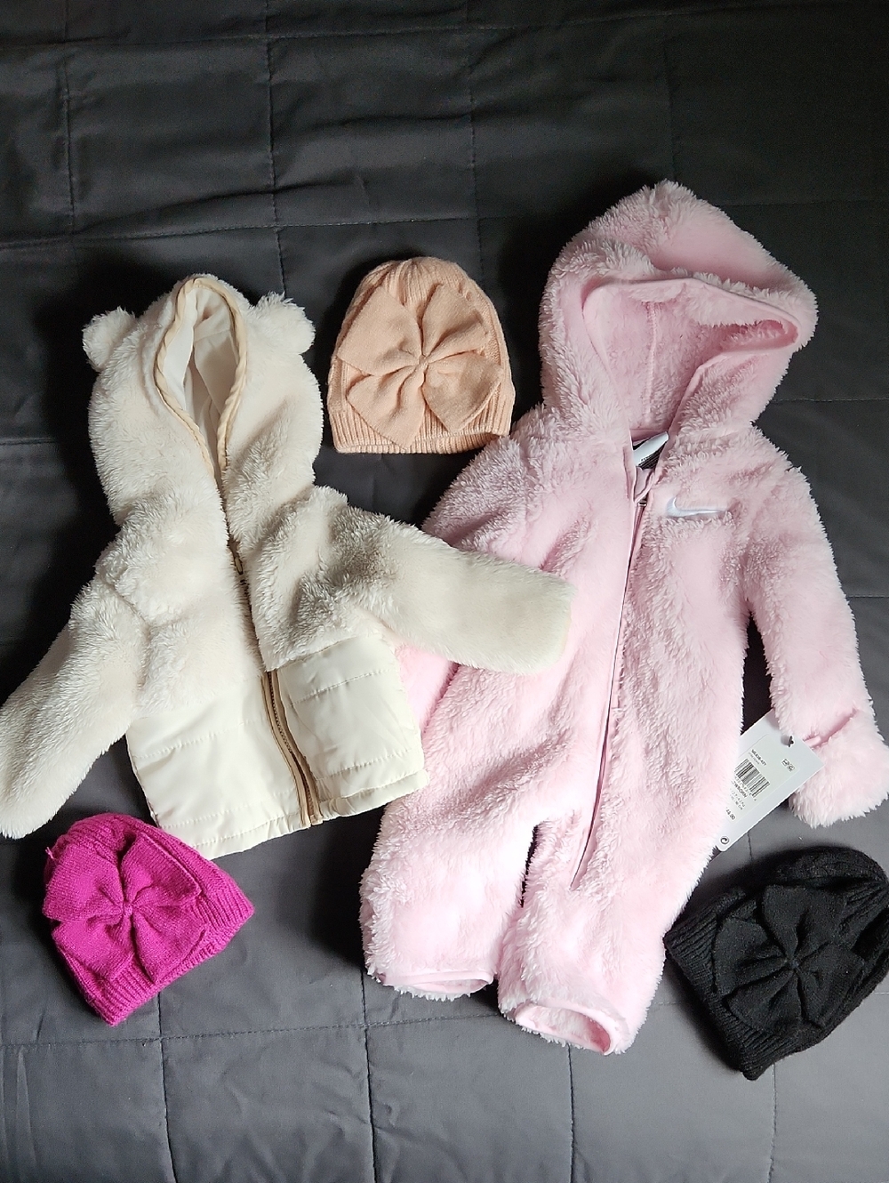 Nike Kids Pink Plush Hooded One-Piece Snowsuit, Carters Jacket, & Winter Hats